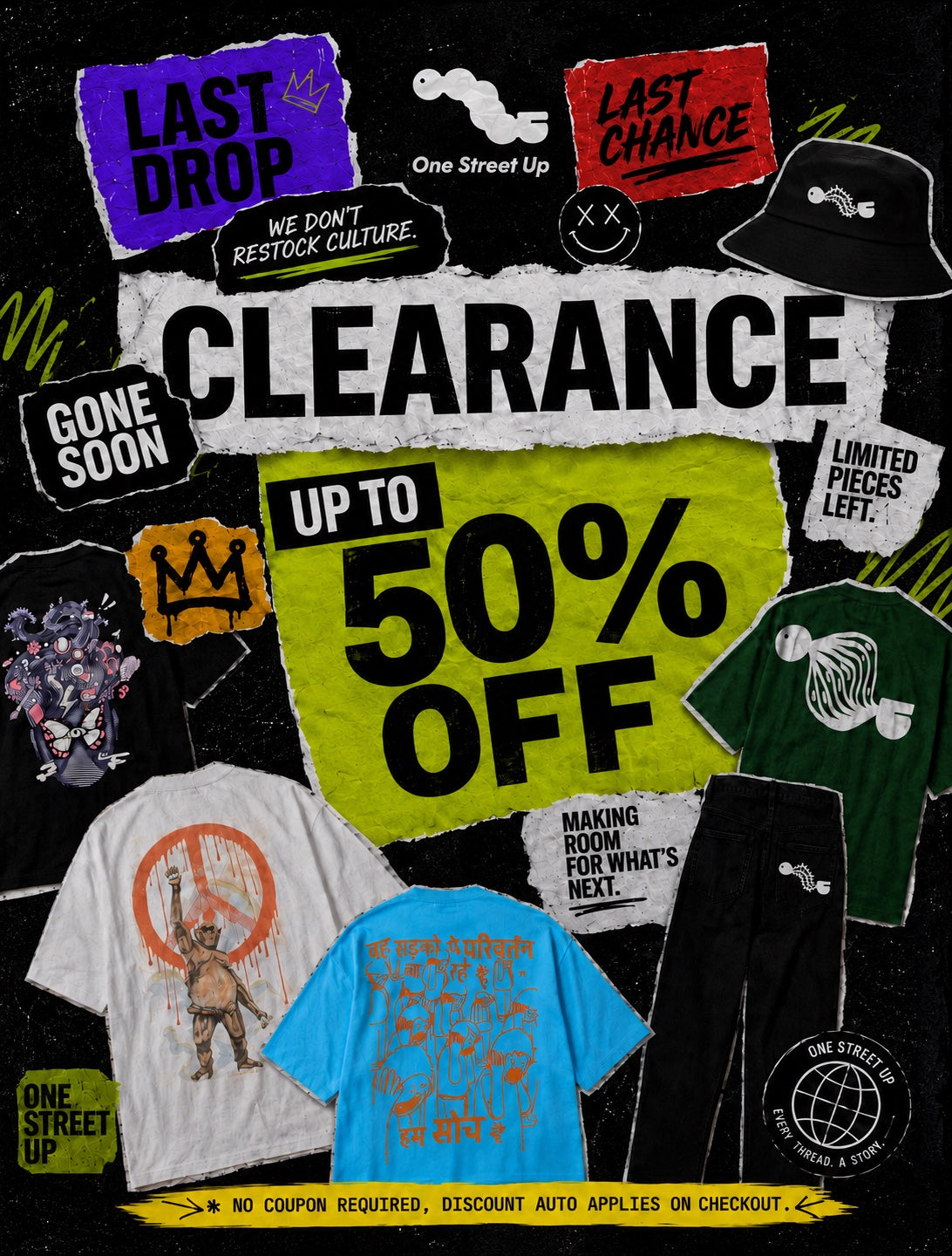 Clearance — up to 50% off. No coupon required, discount auto-applies at checkout.