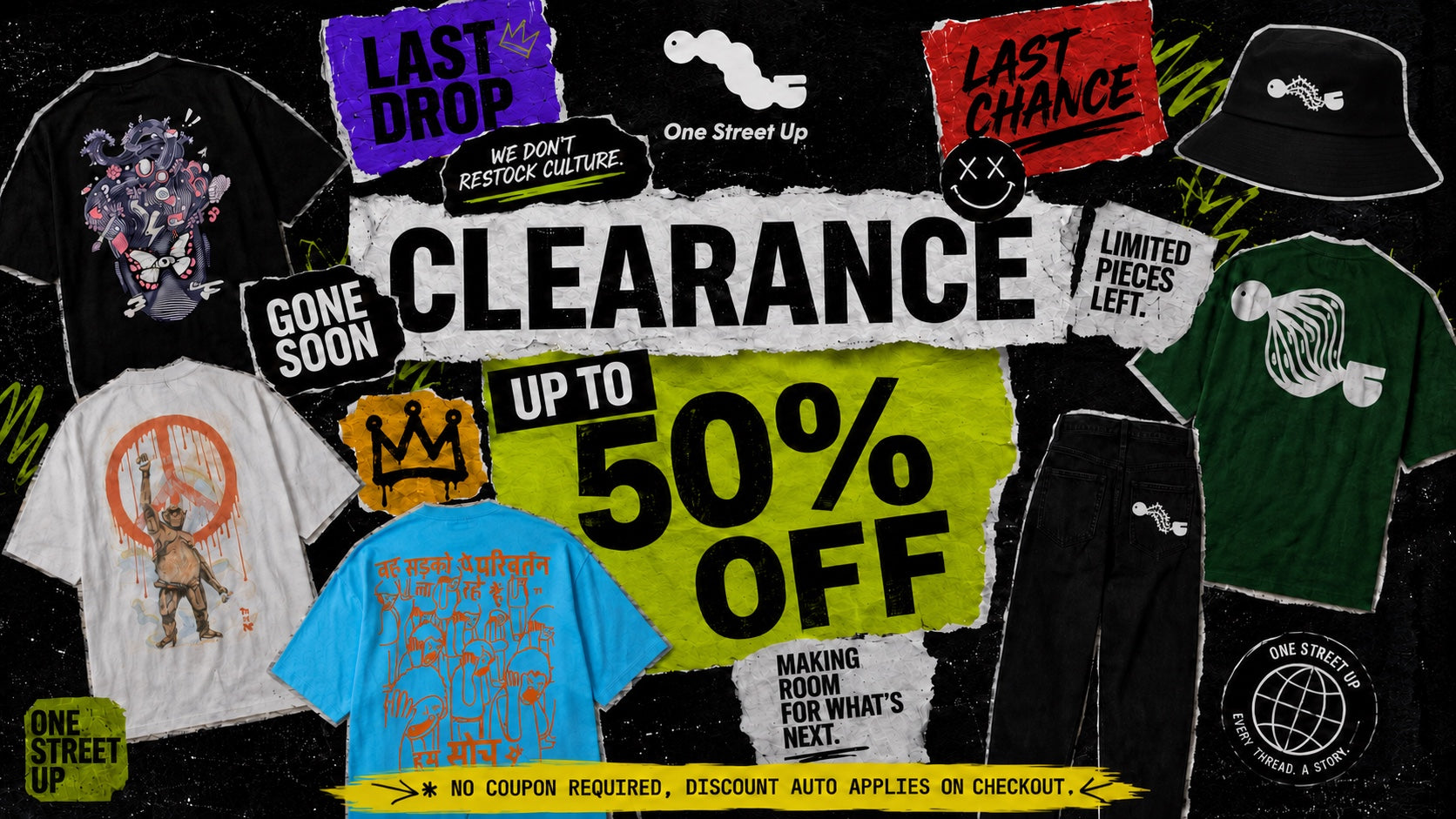 Clearance — up to 50% off. No coupon required, discount auto-applies at checkout.
